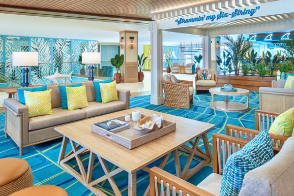High-end resort lounge showcasing layered textures, color, and design for hospitality branding.
